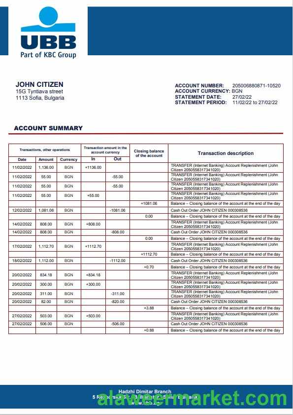 Bulgaria UBB bank proof of addres statement template in Word and PDF format
